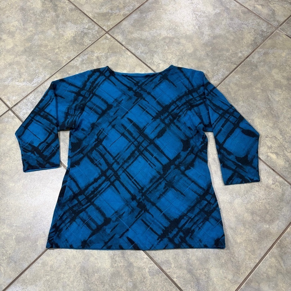Anne Klein Cashmere Boat Neck Sweater Top Size L Blue Geometric Luxury Modern